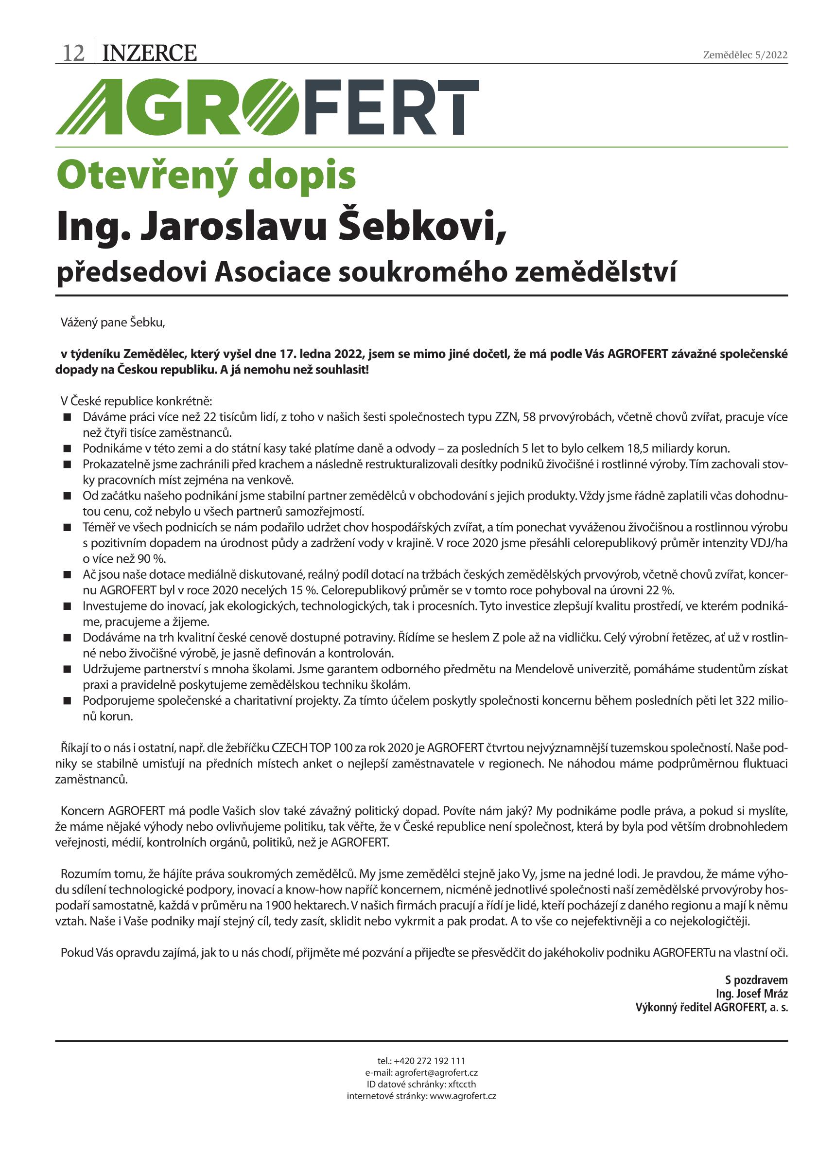 AGROFERT: OTEVŘENÝ DOPIS JAROSLAVU ŠEBKOVI