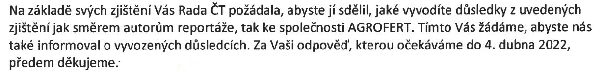 Z dopisu místopředsedy představenstva AGROFERT, a.s.&nbsp;